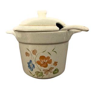 Vintage 1.5 Quart Speckled Floral Soup Tureen Serving Bowl And Ladle